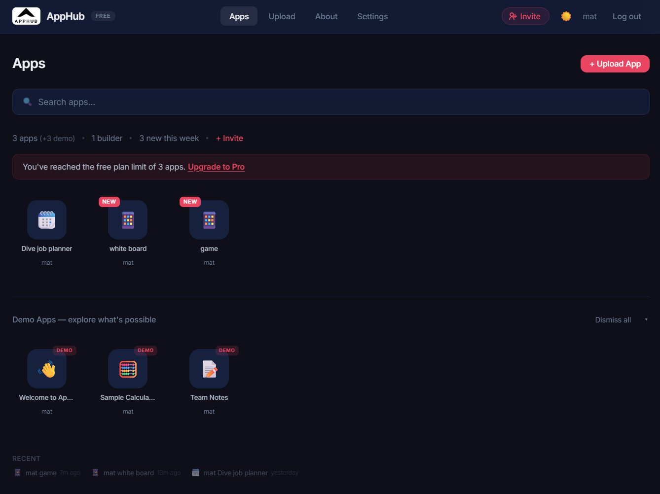 AppHub dashboard — dark mode